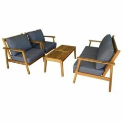 CÉMONJARDIN Salon De Jardin Bas En Acacia + Coussins Gris Samoa - 4 Places